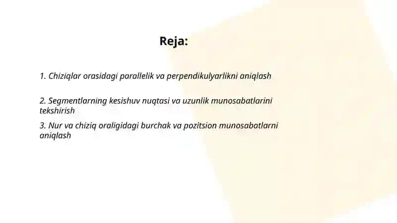 Geometrik figuralar orasidagi pozitsion va metrik munosabatlarni tekshirish 2