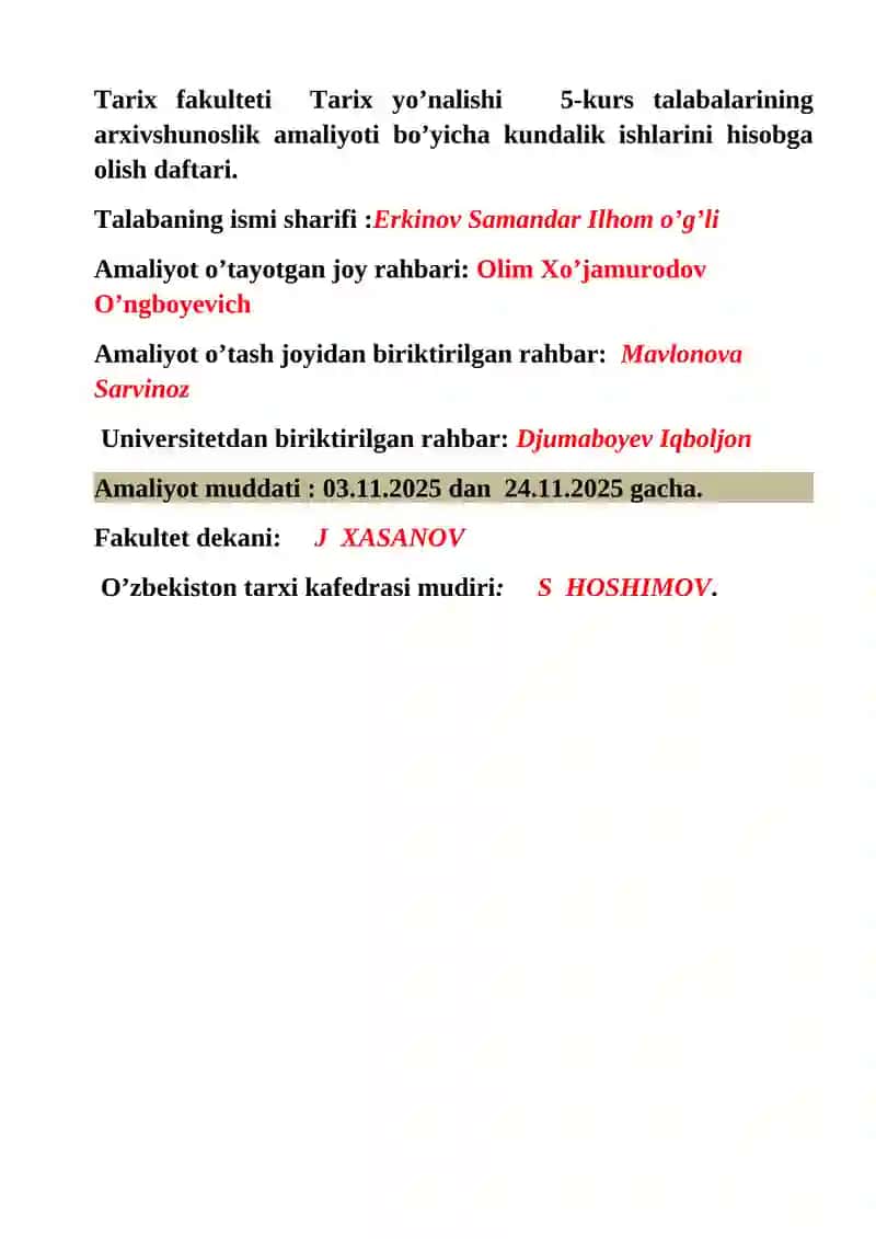 Arxivshunoslik Bo'yicha Amaliyot Kundaligi 2