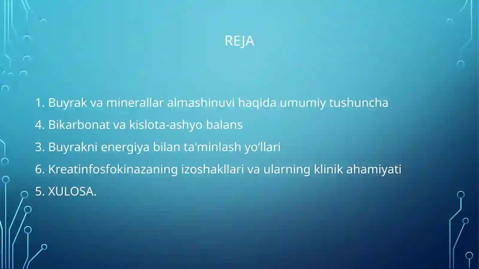 Buyraklarningkalsiy,fosforvabikarbonatalmashinuvidagiahamiyati.Buyraknienergiyabilanta'minlashningasosiyyo'llari.Kreatinfosfokinazaningizoshakllarivaularnianiqlashningklinikahamiyati 2