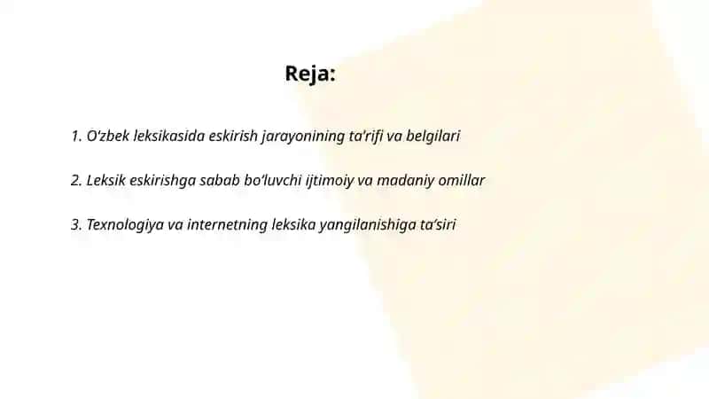 Oʻzbek tili leksikasida eskirish va yangilanish jarayonlari 2