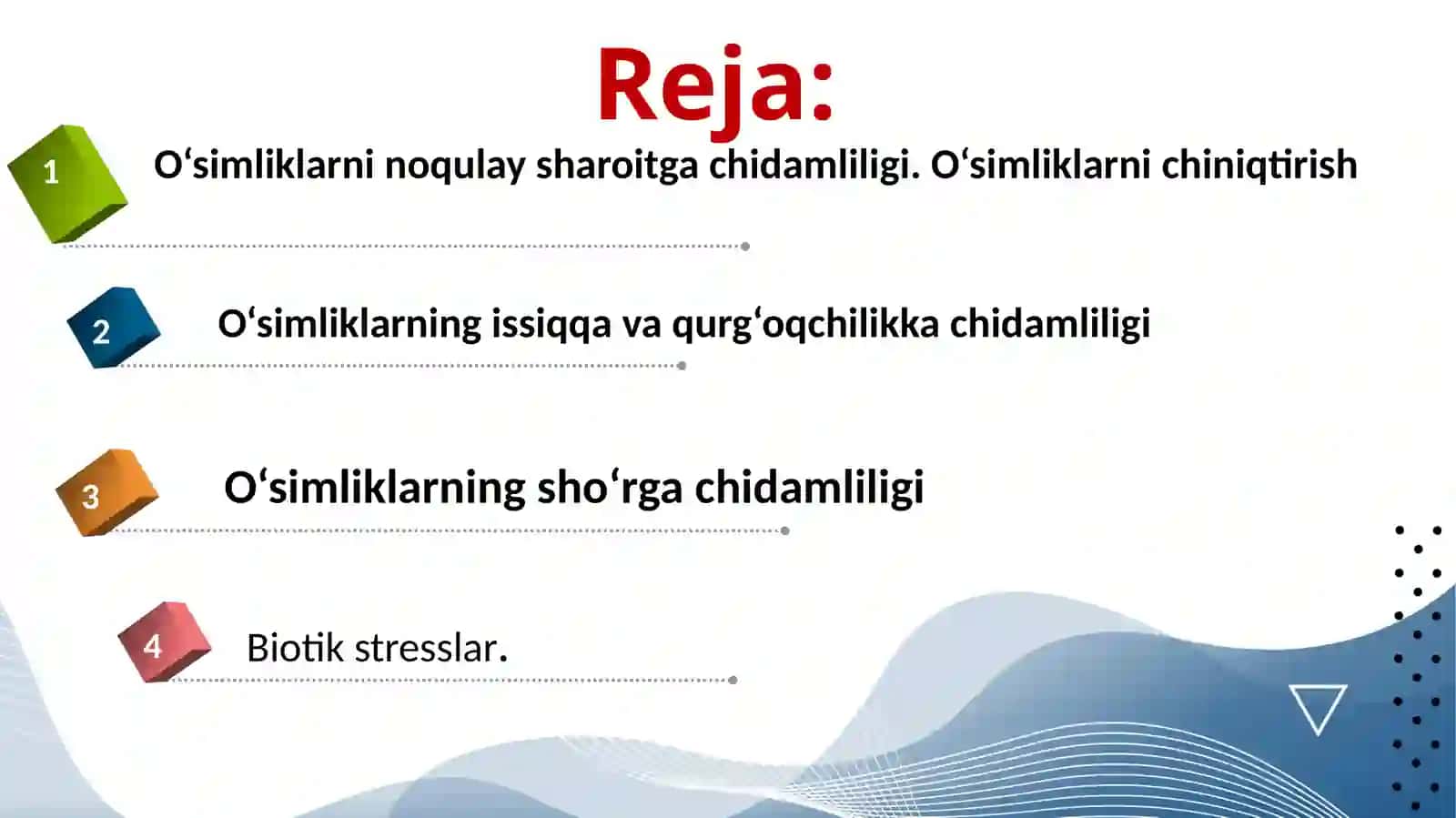 STRESSOMILLAR VA ULARGA O‘SIMLIKLARNI JAVOB REAKSIYALARI 2