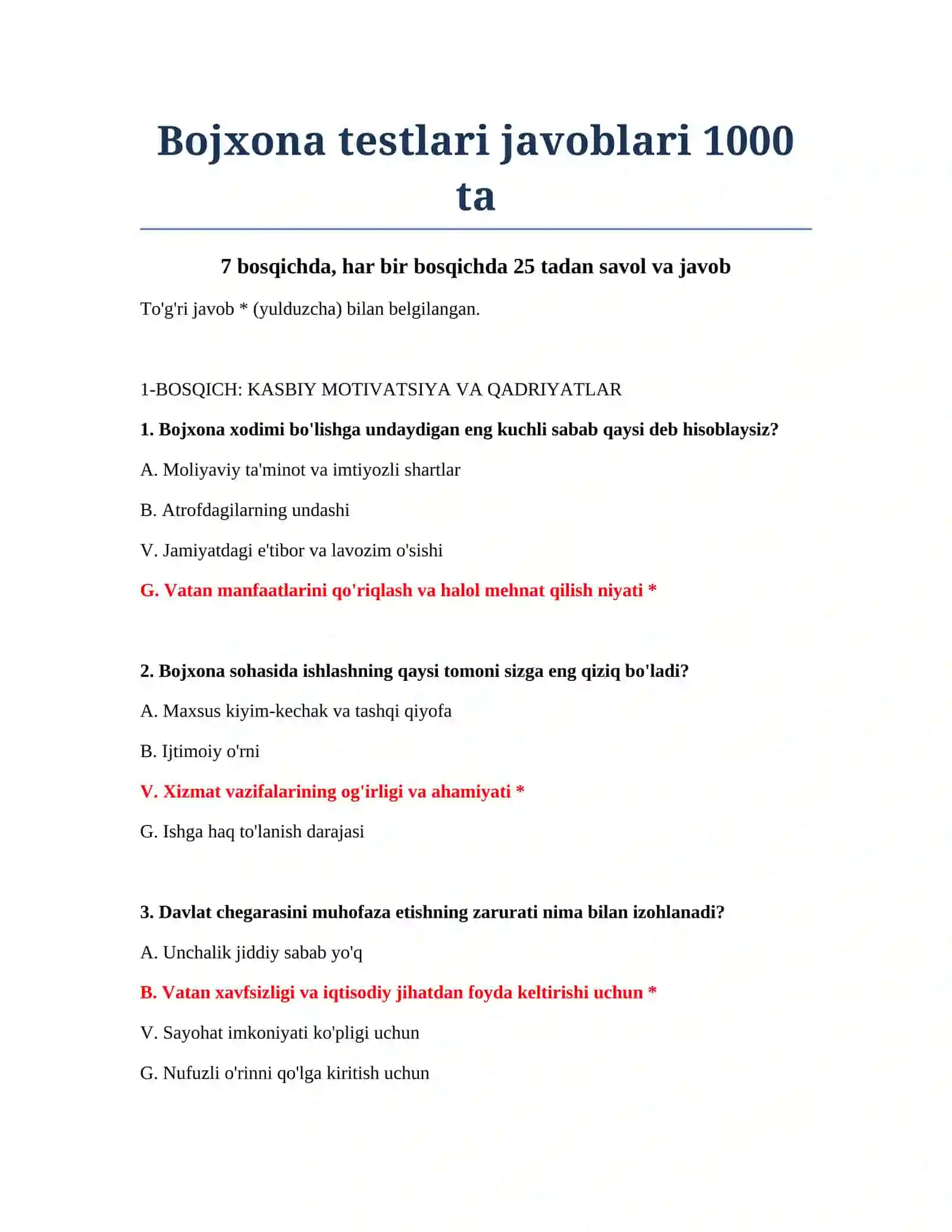 Bojxona testlari javoblari 1000 ta 2