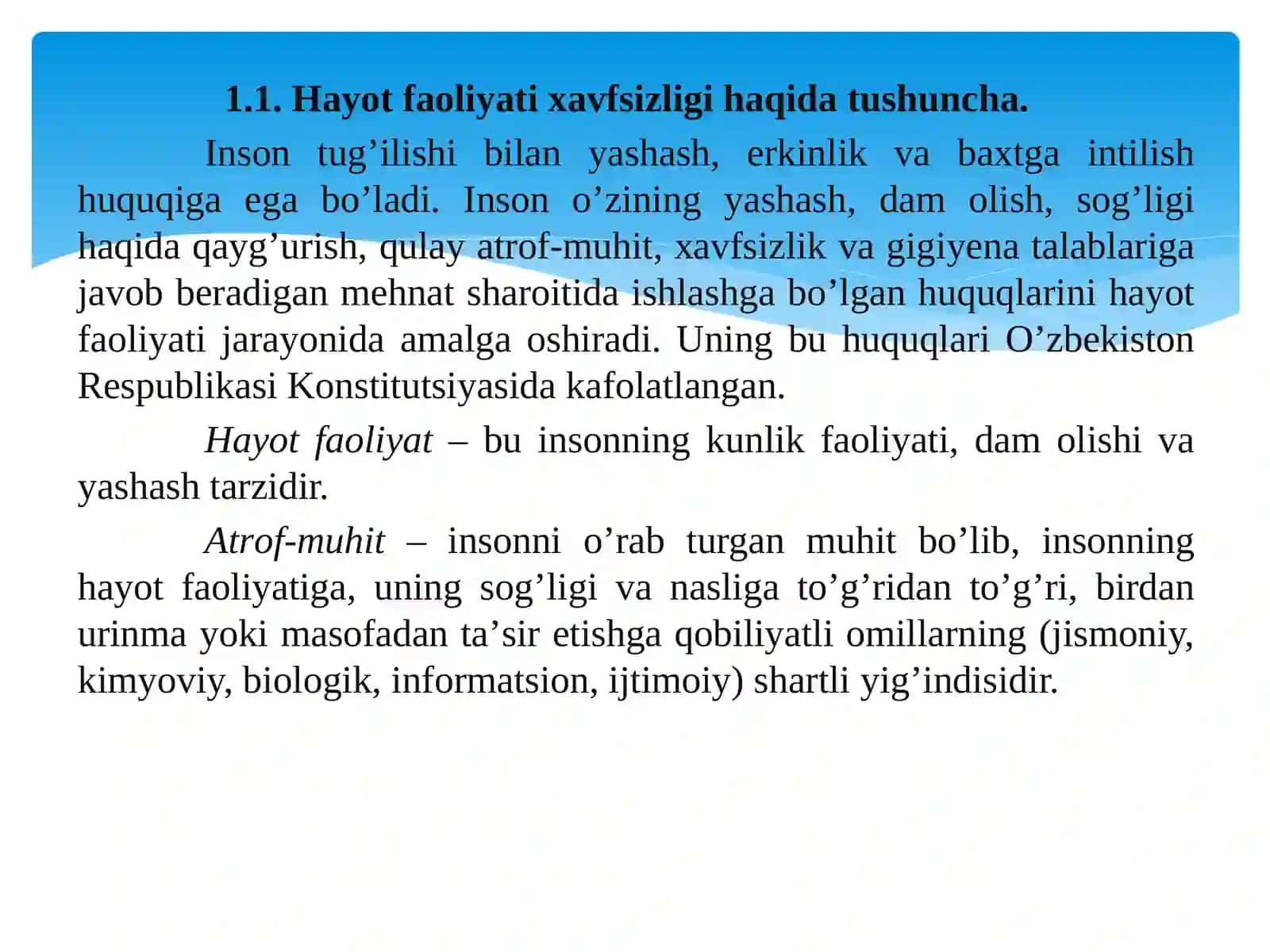 MODUL.1-Mа’ruzа:Hayot faoliyati xavfsizligini ta’minlash asoslari 2