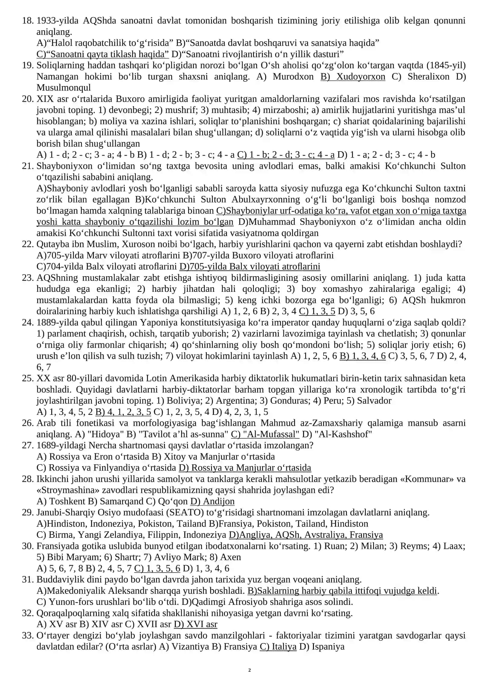 Tarix attestatsiya savollari va javoblari ehtimoliy savollar va tushgan savollar javobi bilan 2