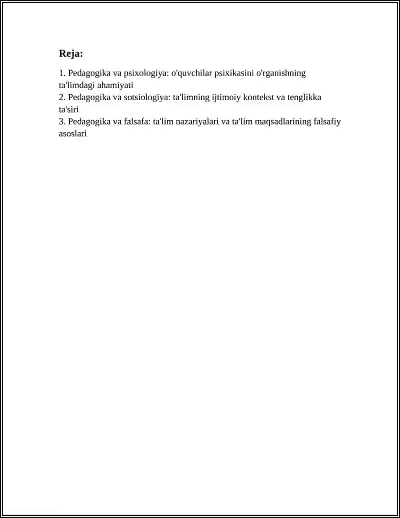Mavzu: PEDAGOGIKA FANINING BOSHQA FANLAR BILAN ALOQADORLIGI 2