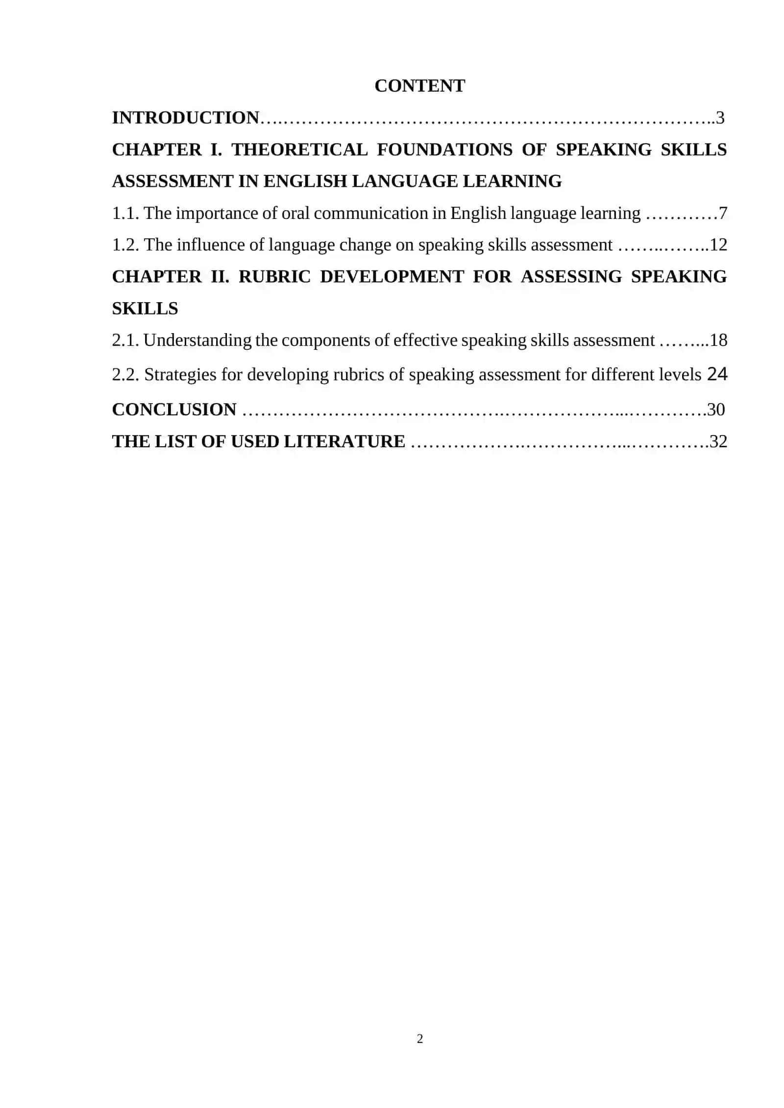 COURSE WORK THEME: RUBRICS FOR ASSESSING SPEAKING SKILLS IN SCHOOL-AGE ENGLISH LEARNERS 2