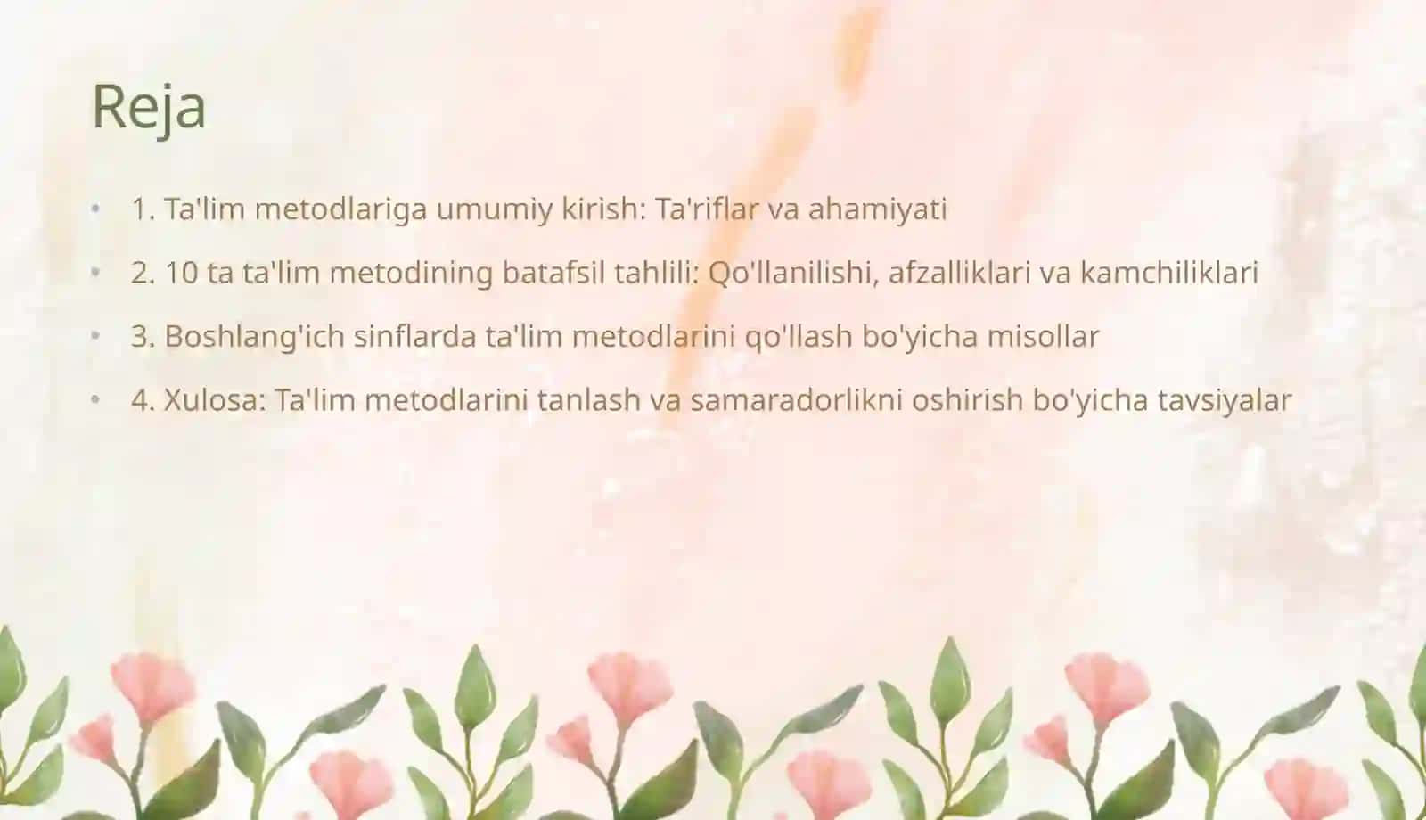 10 ta talim metodi ta'rifi,qòllanishi, afzalliklari kamchiliklari va boshlanĝich sinf uchun misollar. 2