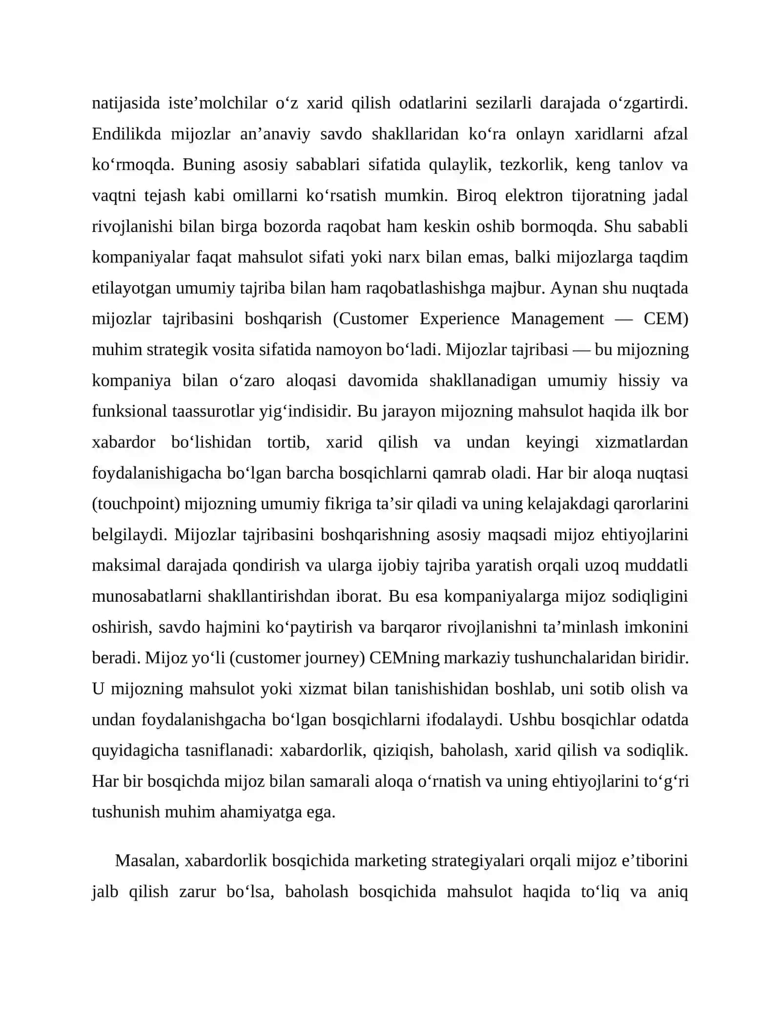 ELEKTRON TIJORATDA MIJOZLAR TAJRIBASINI BOSHQARISH (Customer Experience Management) 2