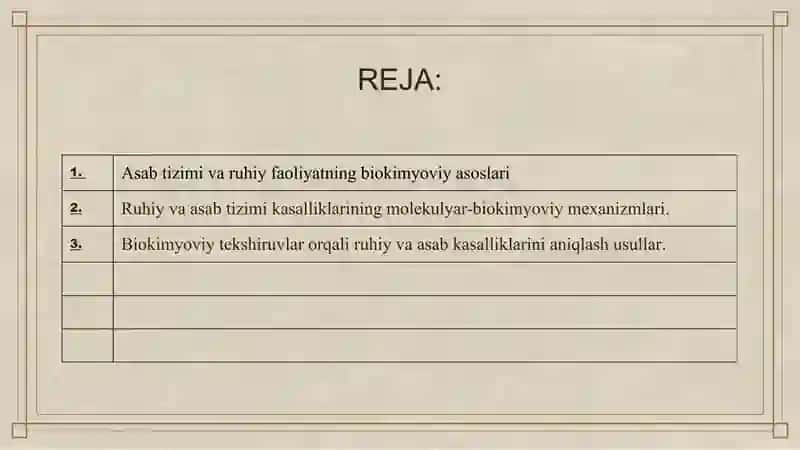 Ruhiy va asab tizimi kasalliklari kelib chiqish mexanizmlarining biokimyoviy aniqlash yo’llari. 2
