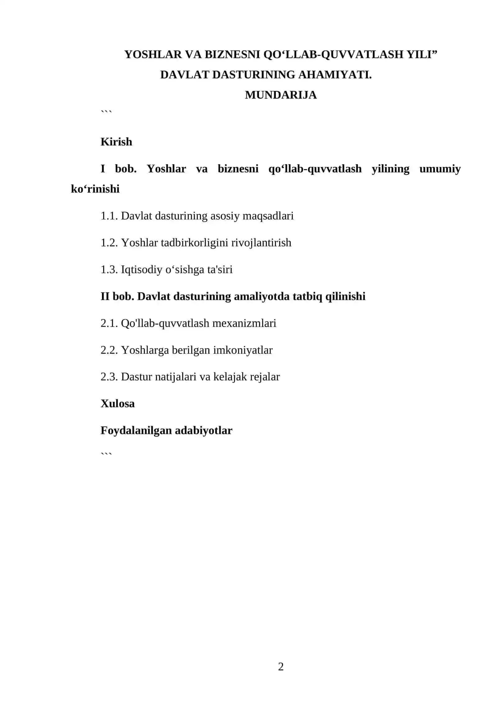 Yoshlar va biznesni qo‘llab-quvvatlash yili” Davlat dasturining ahamiyati 2