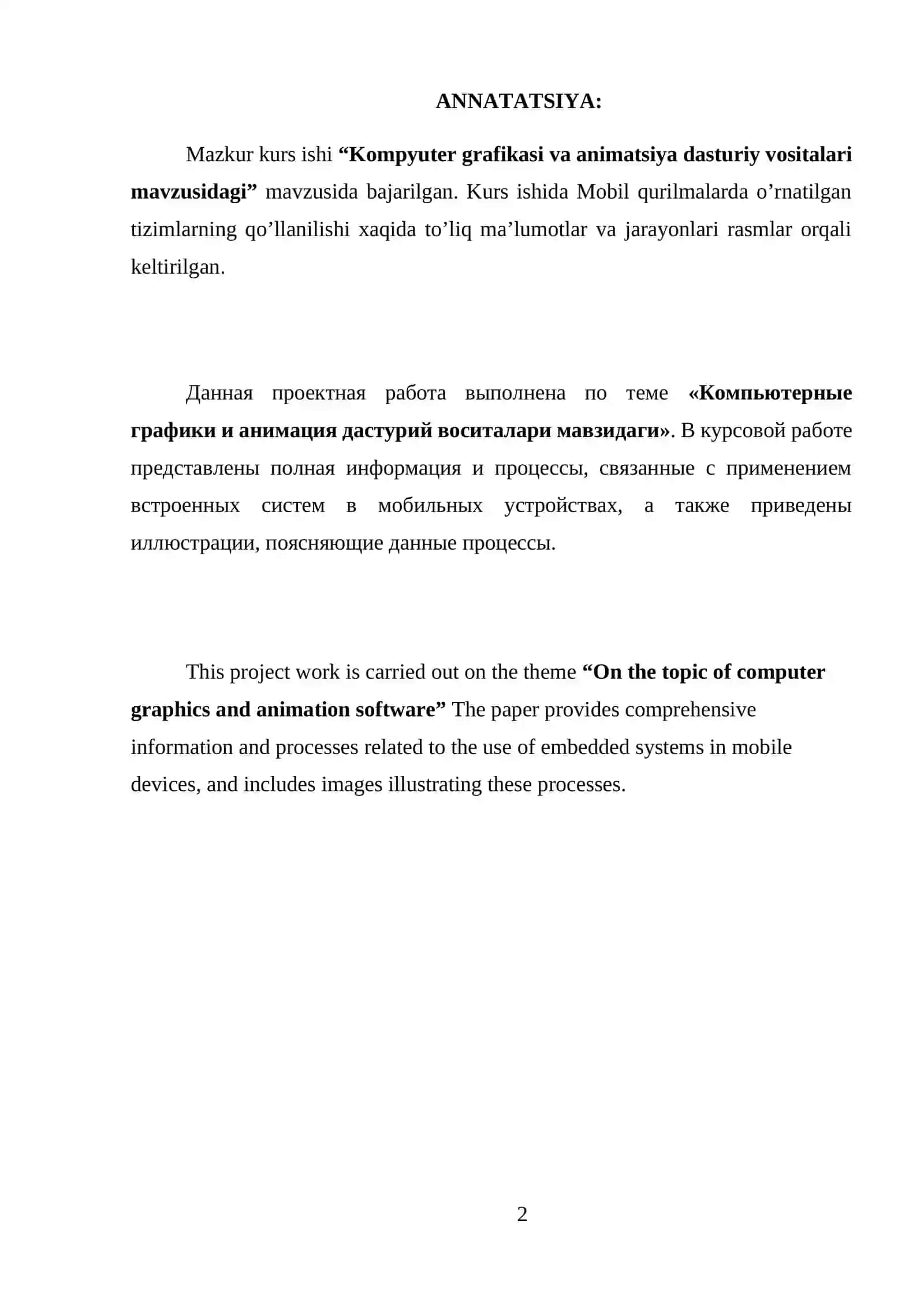 Kompyuter grafikasi va animatsiya dasturiy vositalari mavzusidagi KURS ISHI 2