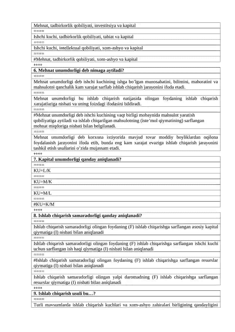 Maktab menejmenti yo’nalishi 1-kurslar uchun iqtisodiyot fanidan test savollari 2