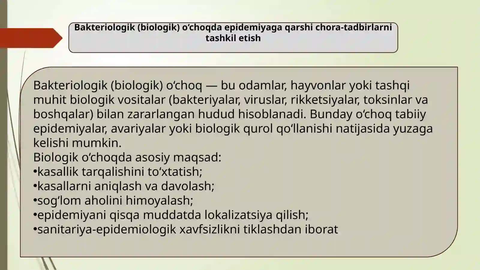 Bakteriologik(biologik) o'choqda epidemiyaga qarshi chora-tadbirlarni tashkil etish 2