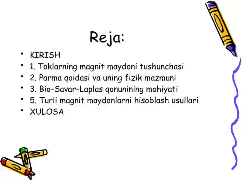 Toklarning magnit maydoni. Parma qoidasi. Bio-Savar-Laplas qonuni. Bio-Savar-Laplas qonunining turli magnit maydonlarni hisoblashga tatbiqi. Turli magnit maydonlarni hisoblash 2