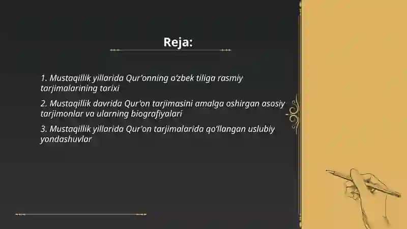 Mustaqillik yillarida Qur'onning oʻzbek tiliga tarjima qilinishi va tavsiflari haqida 2