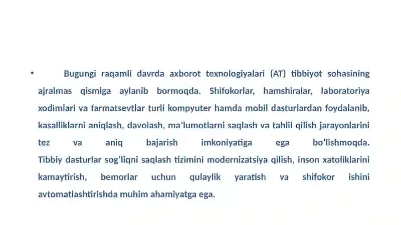 Tibbiyotmasalalariniyechishdaaxborottexnologiyalardasturiyta’minoti 2