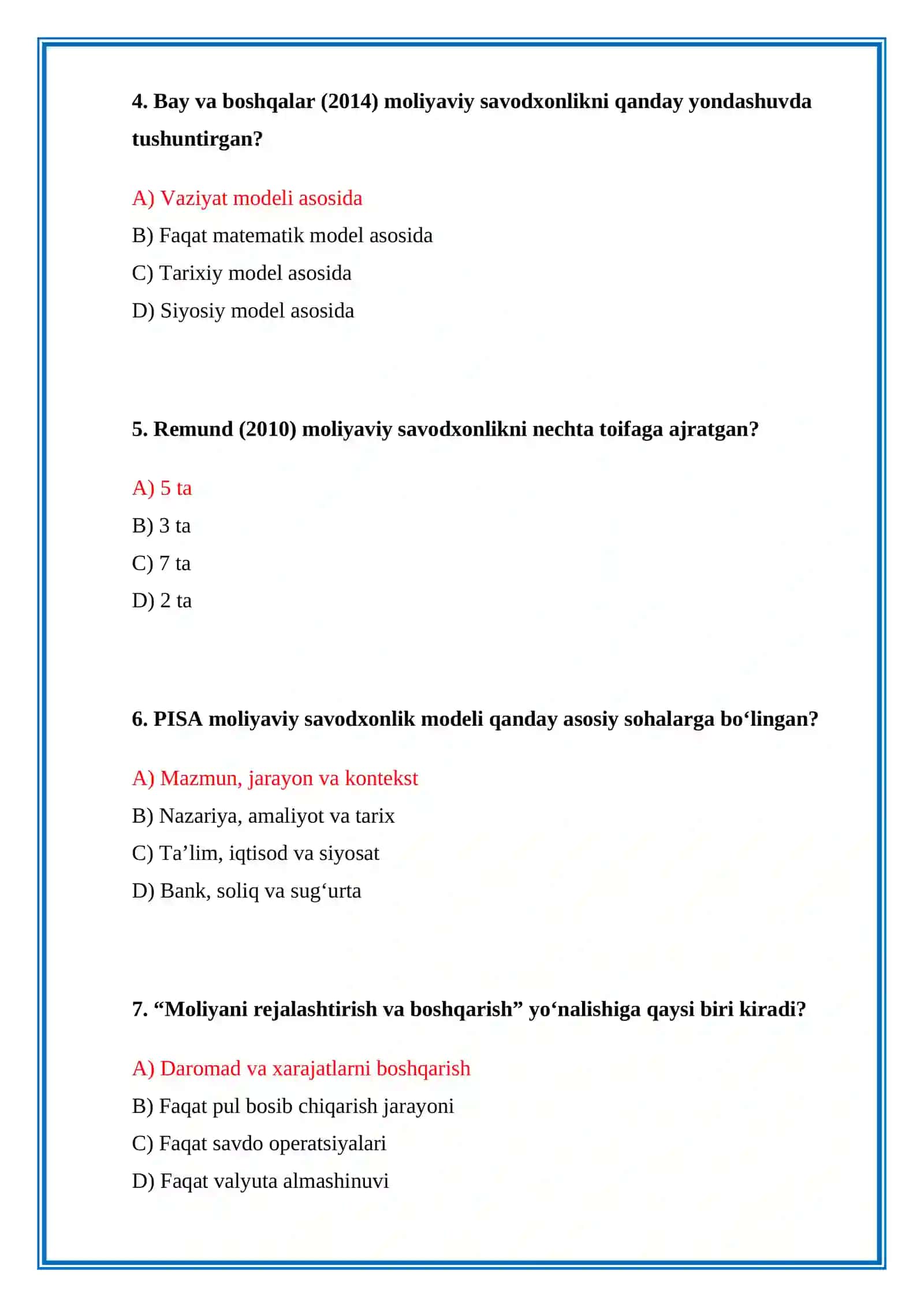 IQTISODIY SAVODXONLIK FANIDAN TAYYORLAGAN TEST. JAVOBLARI BILAN 2