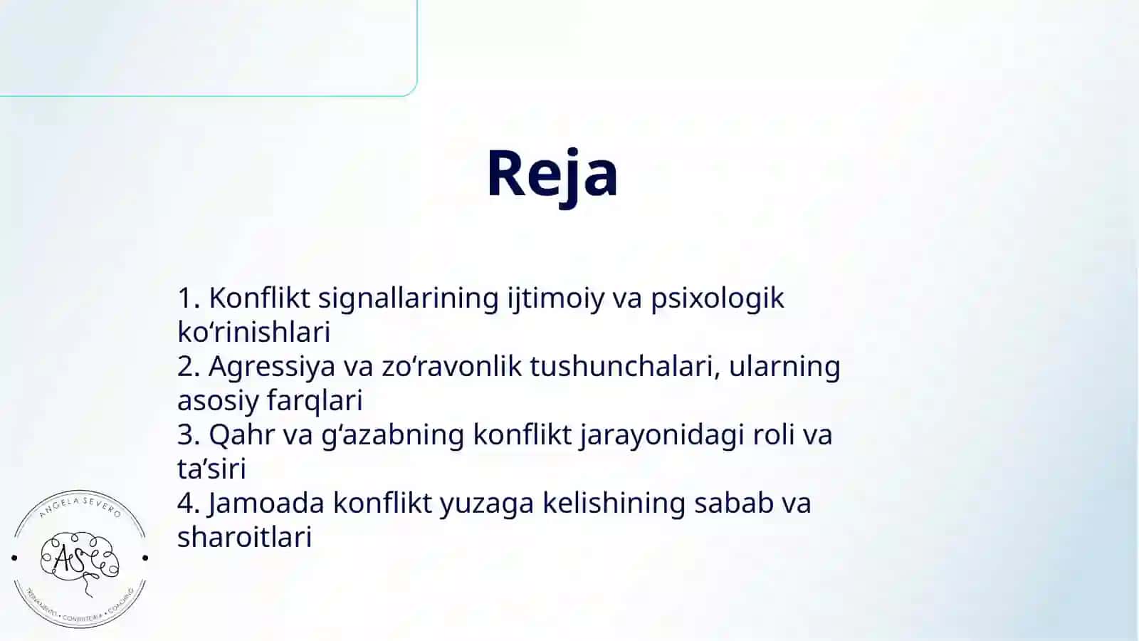 KONFLIKT SIGNALLARI.AGRESSIYA VA ZO'RAVONLIK HAQIDA TUSHUNCHA UNING MOHIYATI. KONFLIKTLI VAZIYATDA QAHR VA G'AZAB JAMOADAGI KONFLIKT VA UNI YECHIMGA OLIB KELISH YO'LLARI O'ZGALARNI ESHITISH VA O'ZINI ANGLATISH QOIDALARI 2