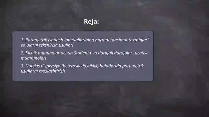 Statistik tadqiqotlar natijalarining ishonchlilik darajasini hisoblashning parametrik usullar boʻyicha muammolarni hal qilish 2