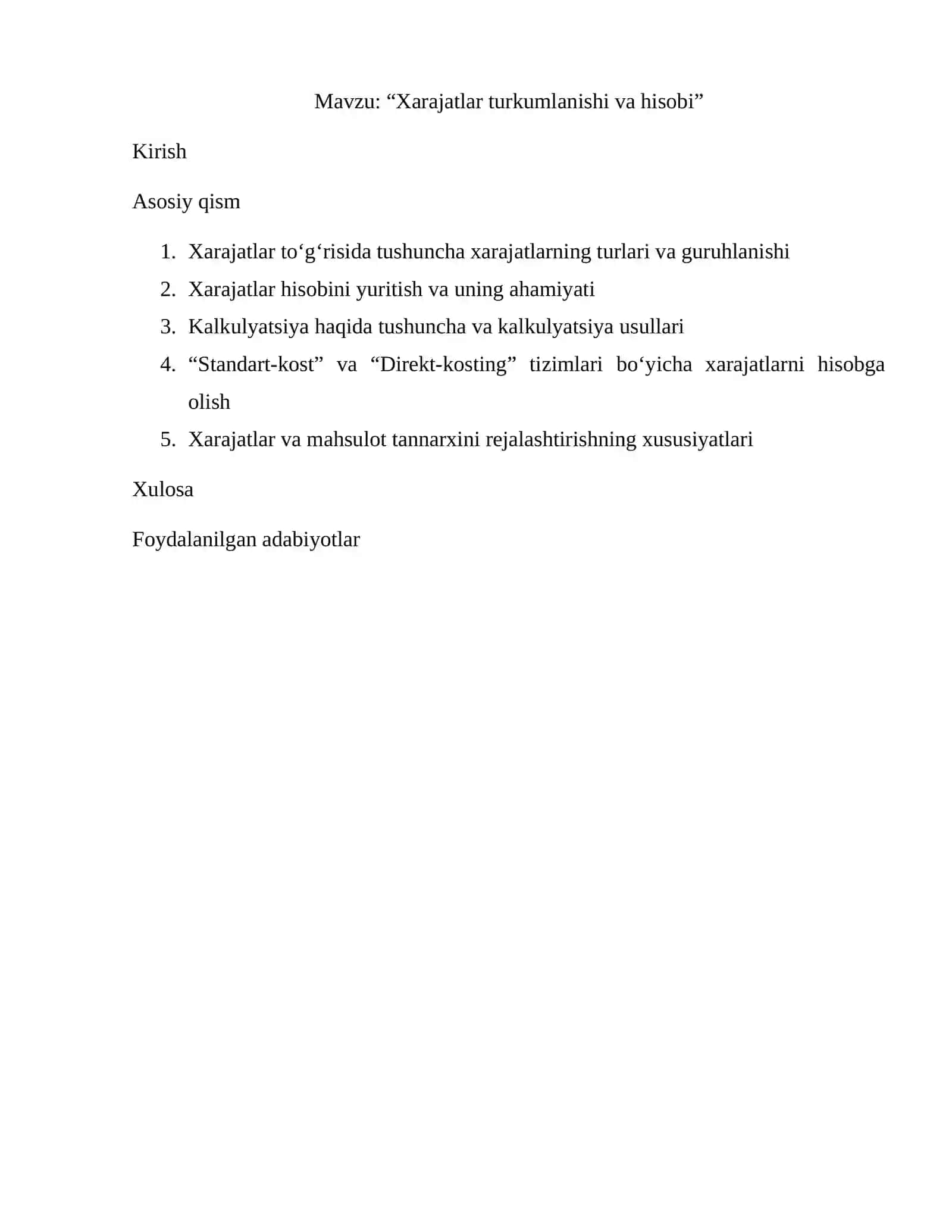 Xarajatlar turkumlanishi va hisobi 2