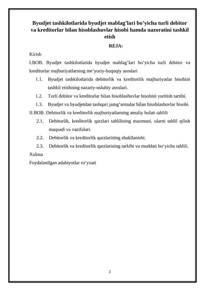 Byudjet tashkilotlarida byudjet mablag’lari bo’yicha turli debitor va kreditorlar bilan hisoblashuvlar hisobi hamda nazoratini tashkil etish 2