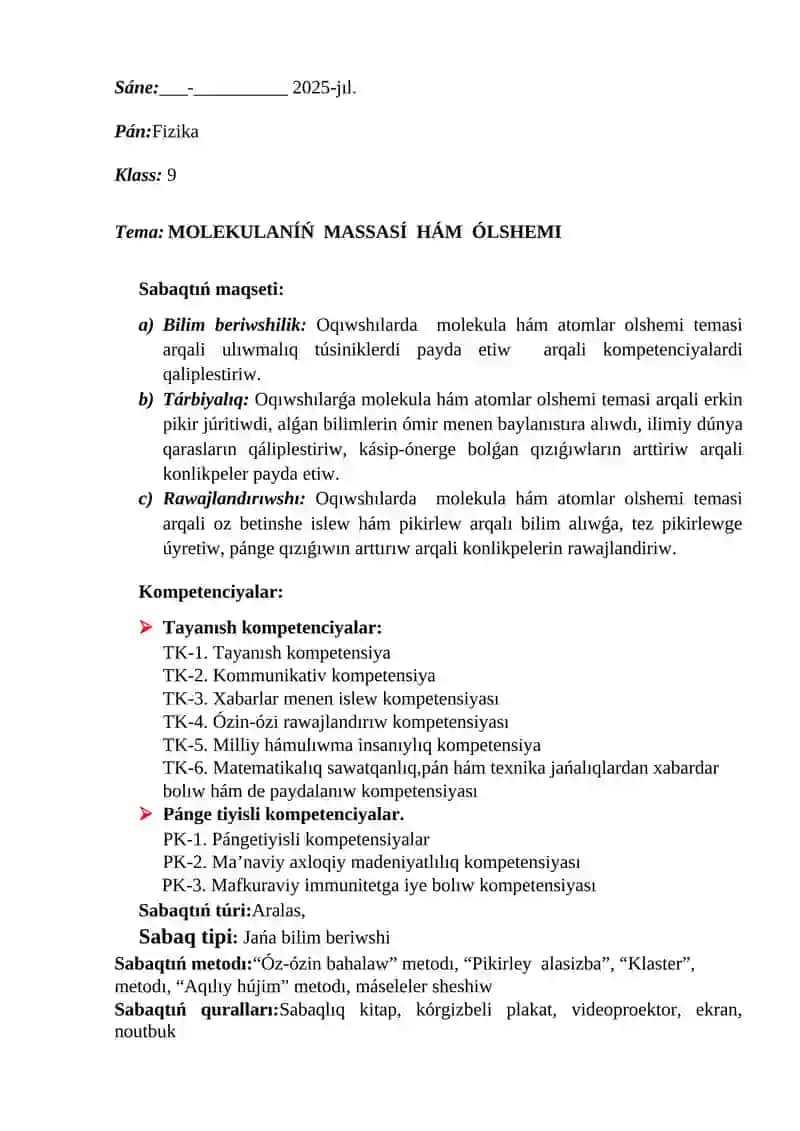 MOLEKULANÍŃ MASSASÍ HÁM ÓLSHEMI 2