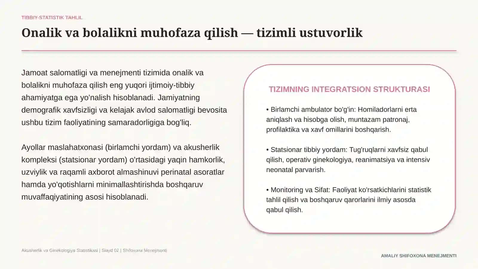 Akusherlik kompleksi va ayollar maslahatxonasi faoliyati ko‘rsatkichlarini hisoblash bo‘yicha vaziya 2