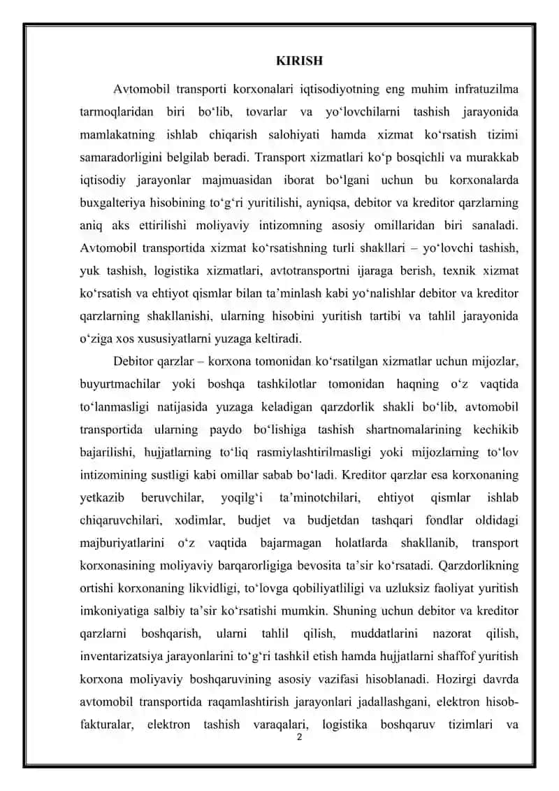 Avtomabil transportida debitor va kreditor qarzlar hisobi 2