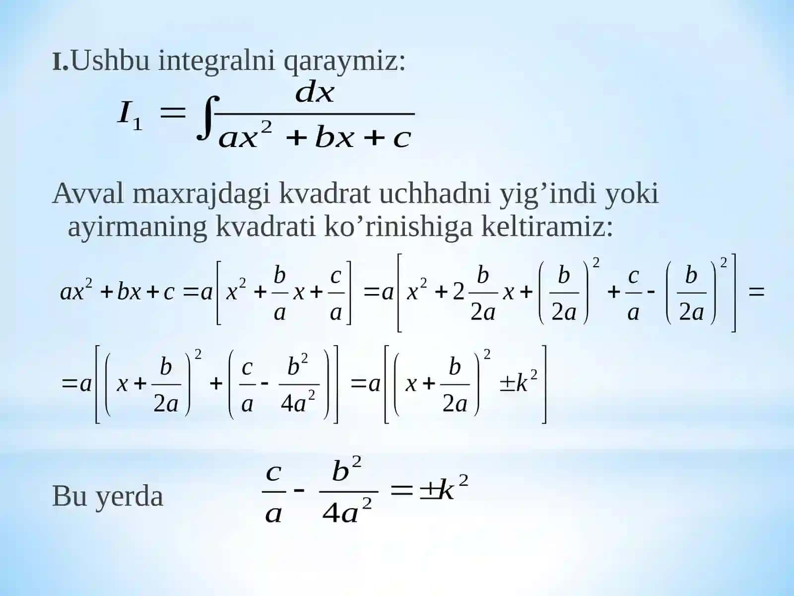 Kvadrat uchhad qatnashgan funksiyalarni itegrallash 2