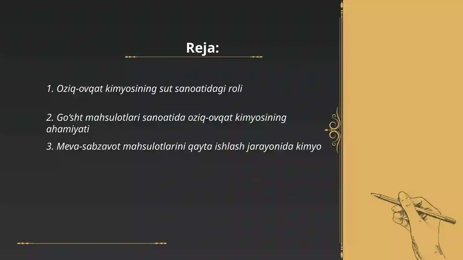 Oziq-ovqat kimyosi fanining oziq ovqat sanoatida tutgan orni (sut,gosht,meva-sabzavot,konserva,tuxum,vinochilik,pivochilik va boshqa sohalar) 2
