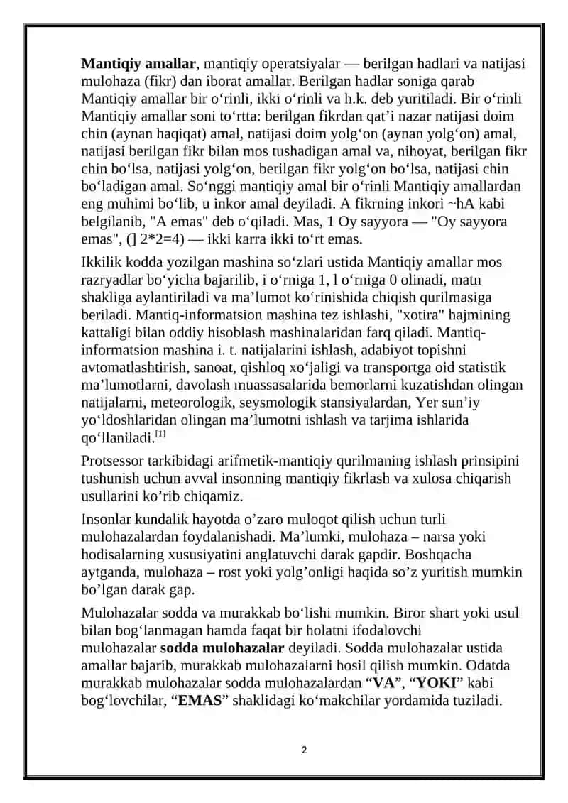 Ikkilik sanoq tizimida bajariladigan arifmetik va mantiqiy amallar 2