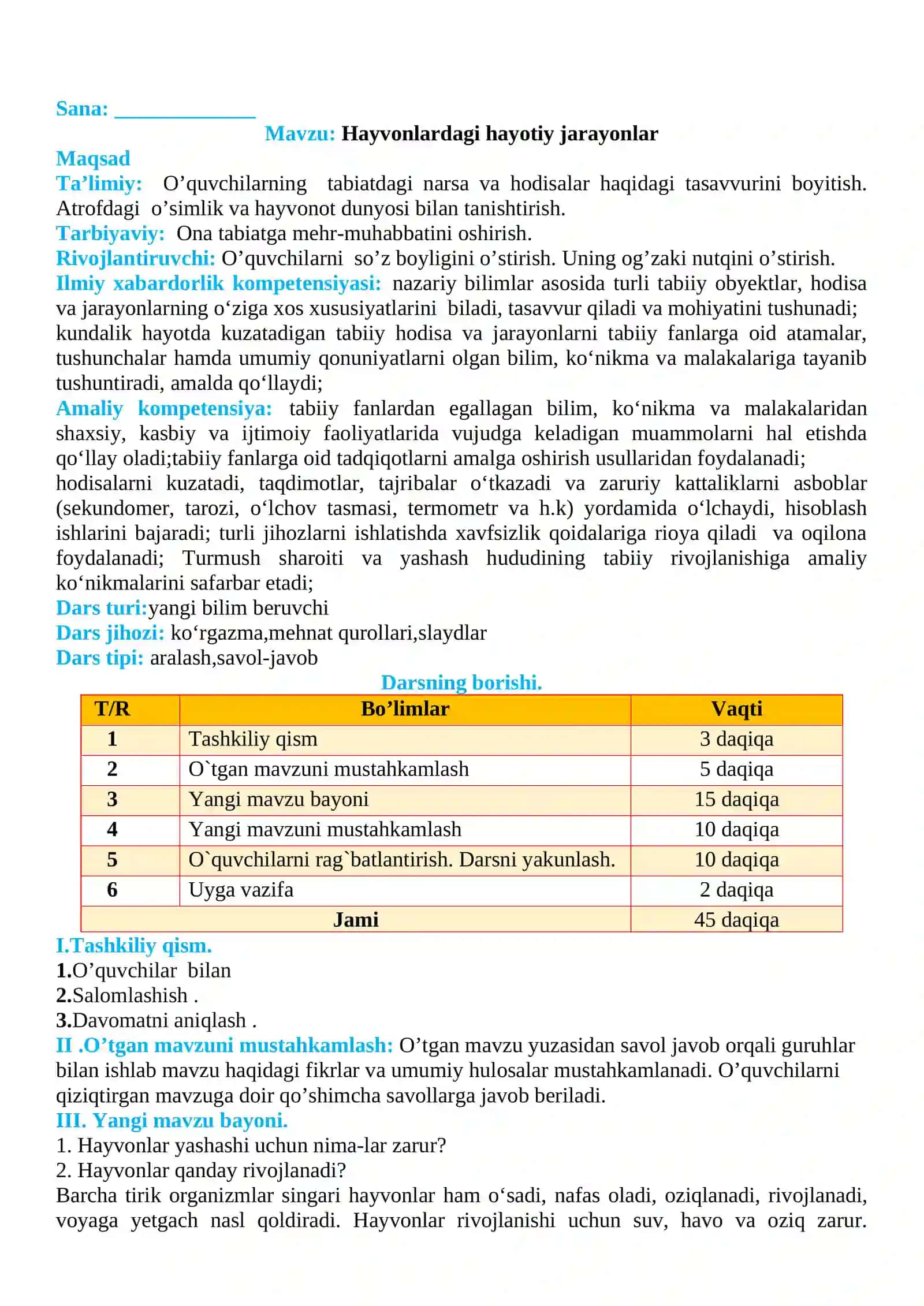 3-sinf Tabiiy fan (Science) Hayvonlardagi hayotiy jarayonlar dars ishlanma 2