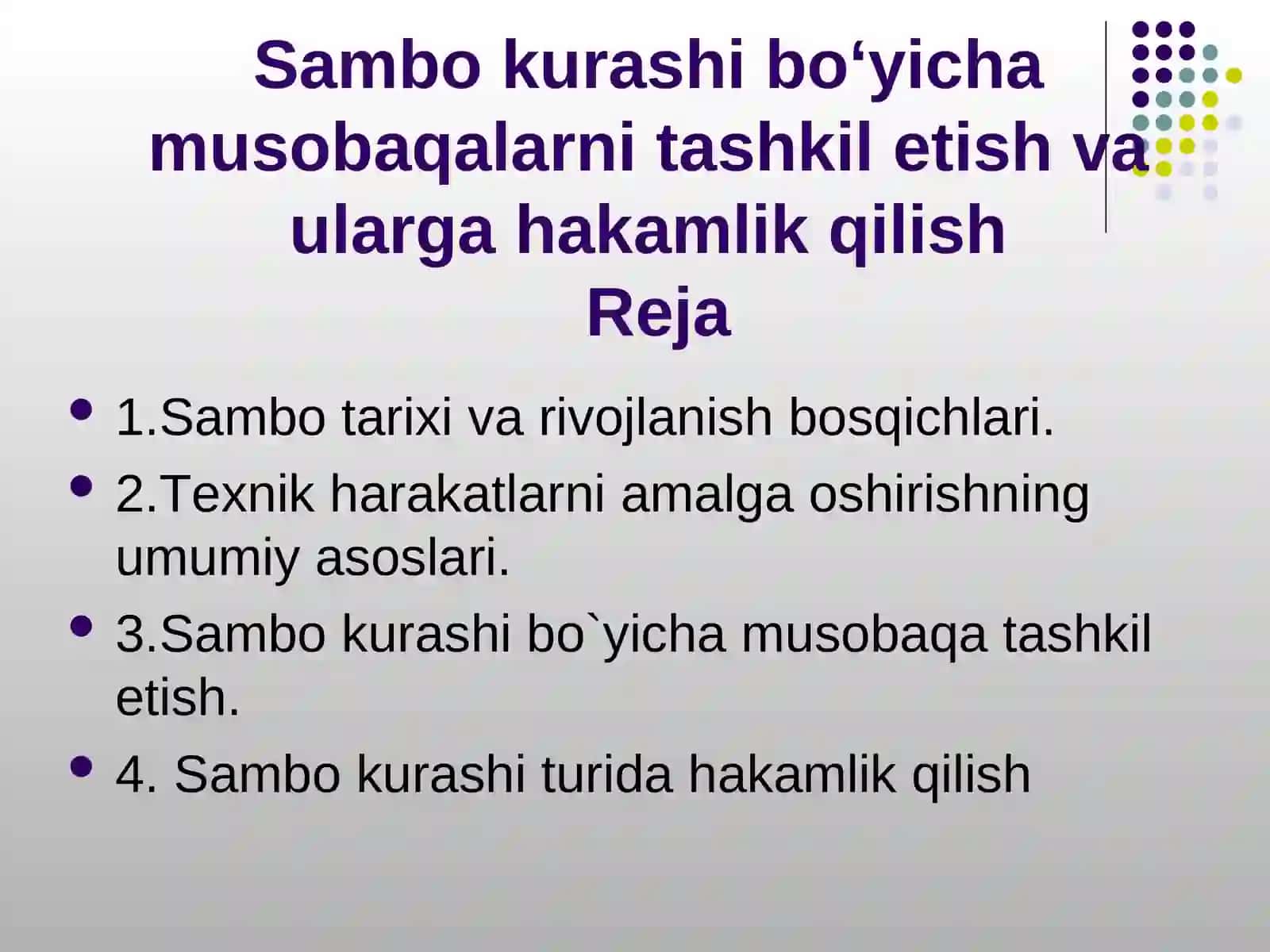 Sambo kurashi boʻyicha musobaqalarni tashkil etish va ularga hakamlik qilish 2