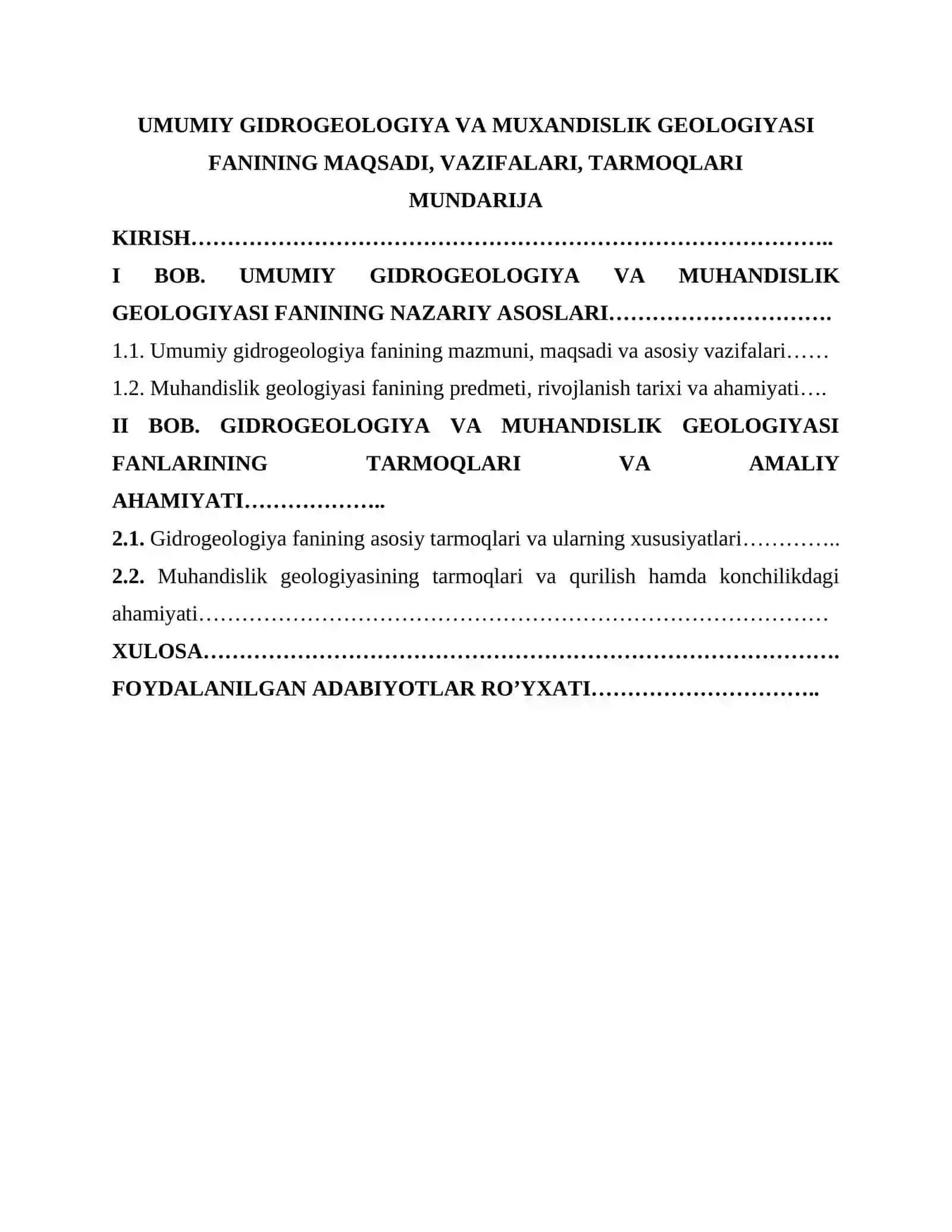 UMUMIY GIDROGEOLOGIYA VA MUXANDISLIK GEOLOGIYASI FANINING MAQSADI, VAZIFALARI, TARMOQLARI 2