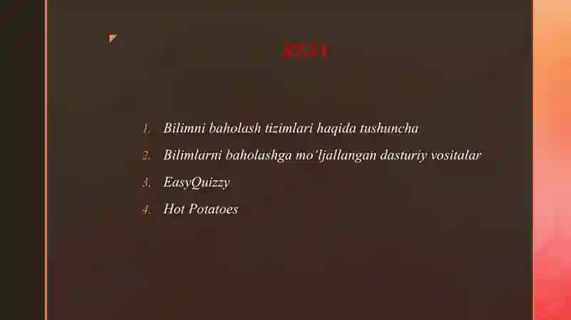 BILIMNI BAHOLASH TIZIMLARI.BILIMNI BAHOLASH TIZIMLARI HAQIDA TUSHUNCHA.BILIMLARNI BAHOLASHGA MO‘LJALLANGAN DASTURIY VOSITALAR HAQIDA MA’LUMOT VA ULARNING AFZALLIKLARI.TEST YARATISH VA O‘TKAZISH DASTURLARI: MYTEST, EASYQUIZZY, HOT POTATOES. 2