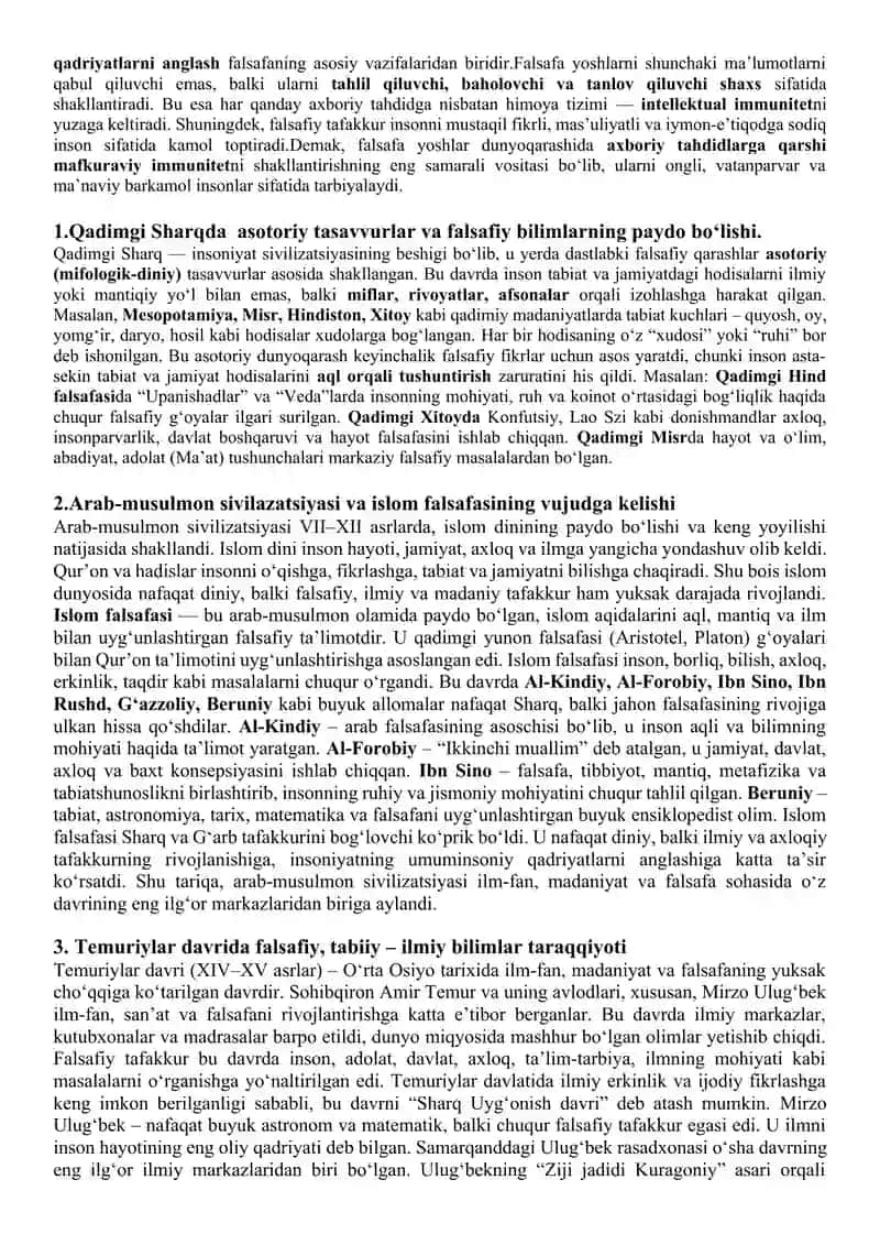Falsafaning predmeti, asosiy masalalari, tuzilmasi, funksiyalari 2