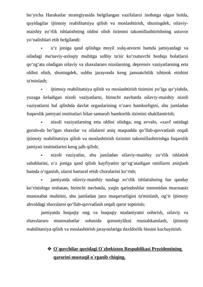 O’zbekistonda oilaviy maishiy zo’rlik ishlatishning oldini olish borasida amalga oshirilayotgan tadbirlar 2