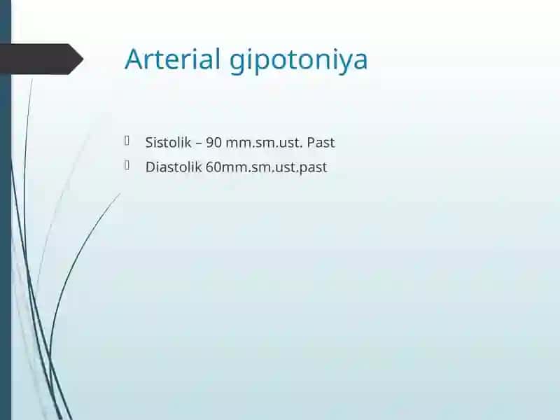 Arterial gipotoniya. Xushni yo’qotish, kollaps, shok turlari. Gipovolemik shok va qayta taqsimlanuvchi shok. Klinikasi, diagnostikasi, birinchi tez tibbiy yordam ko’rsatish 2