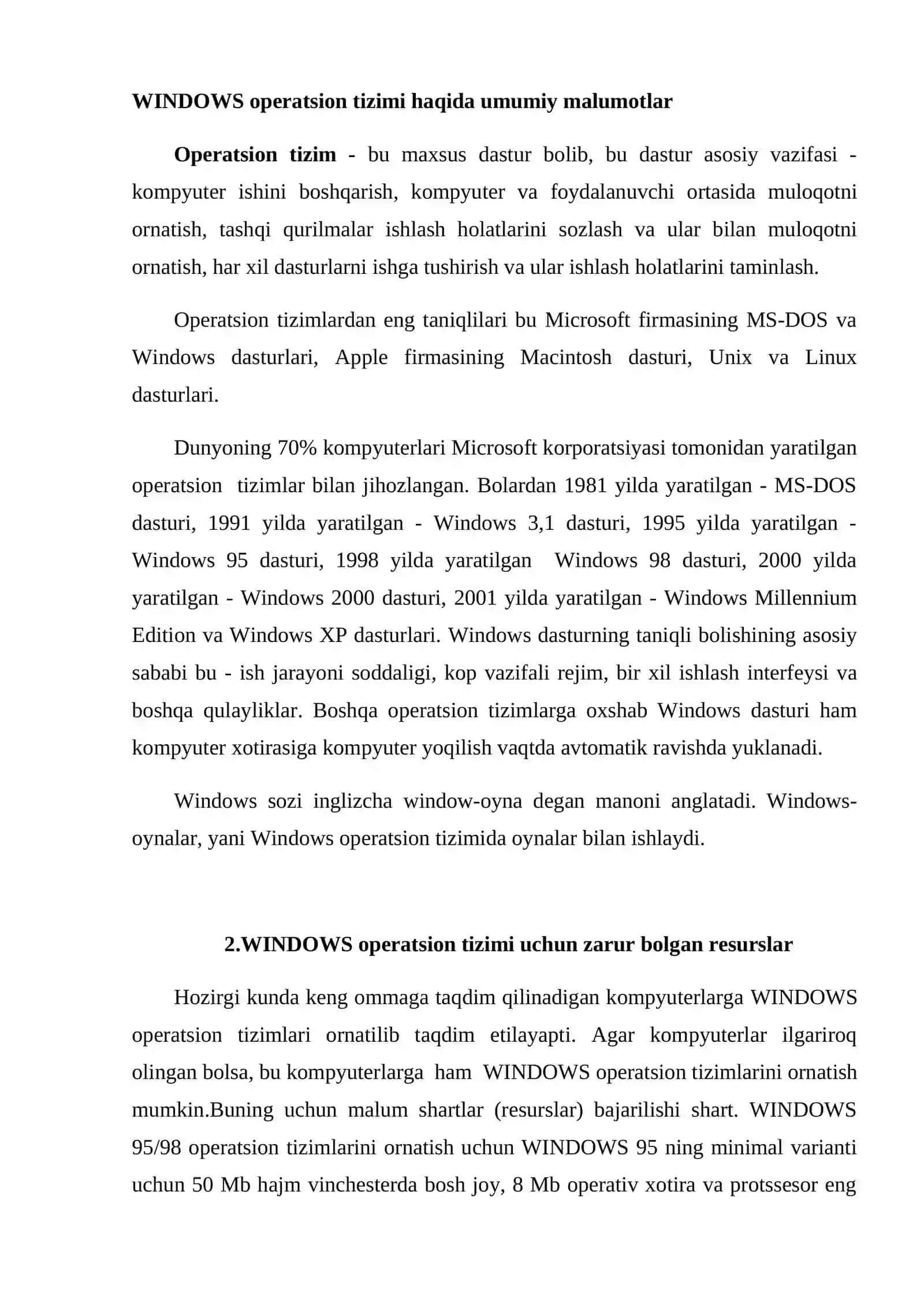 WINDOWS Operatsion Tizimi Haqida Umumiy Ma'lumotlar 2