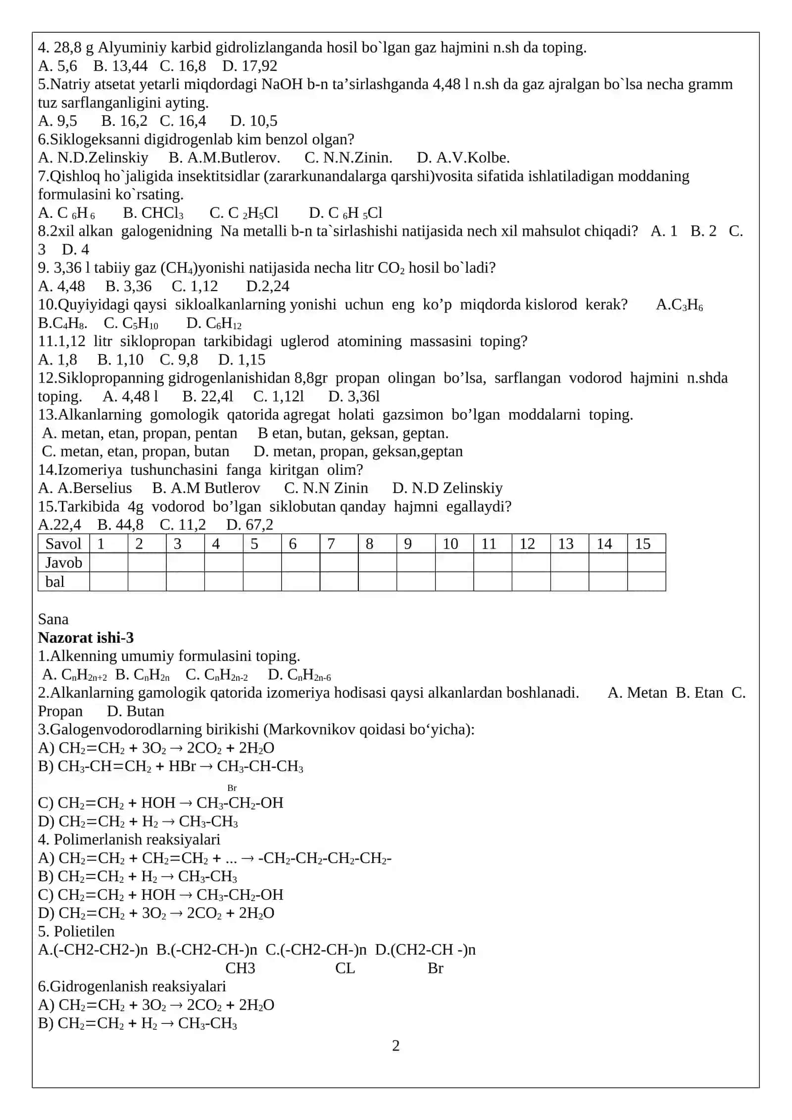 10-sinf kimyo nazorat ishi daftar 2