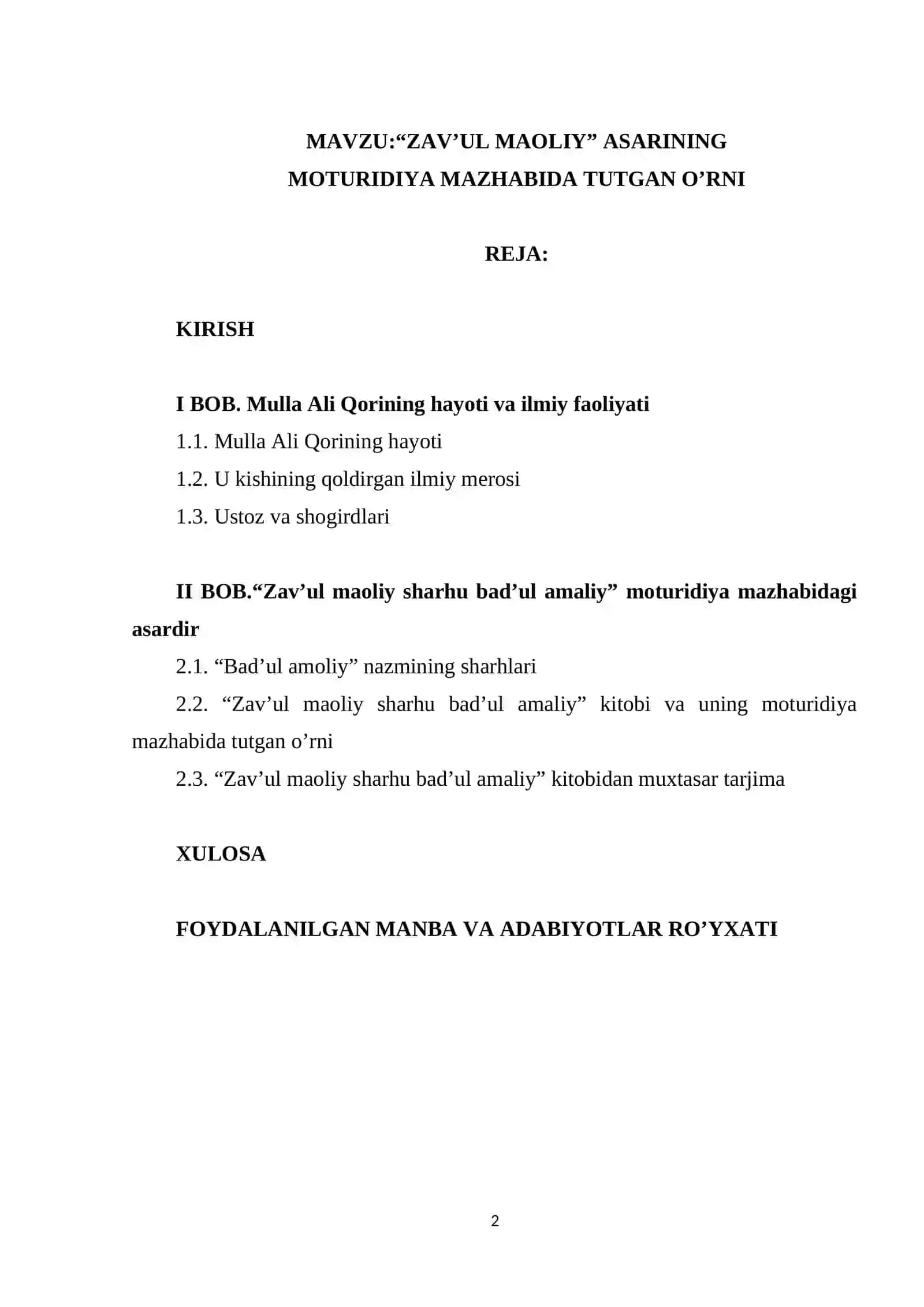 “ZAV’UL MAOLIY” ASARINING MOTURIDIYA MAZHABIDA TUTGAN O’RNI 2