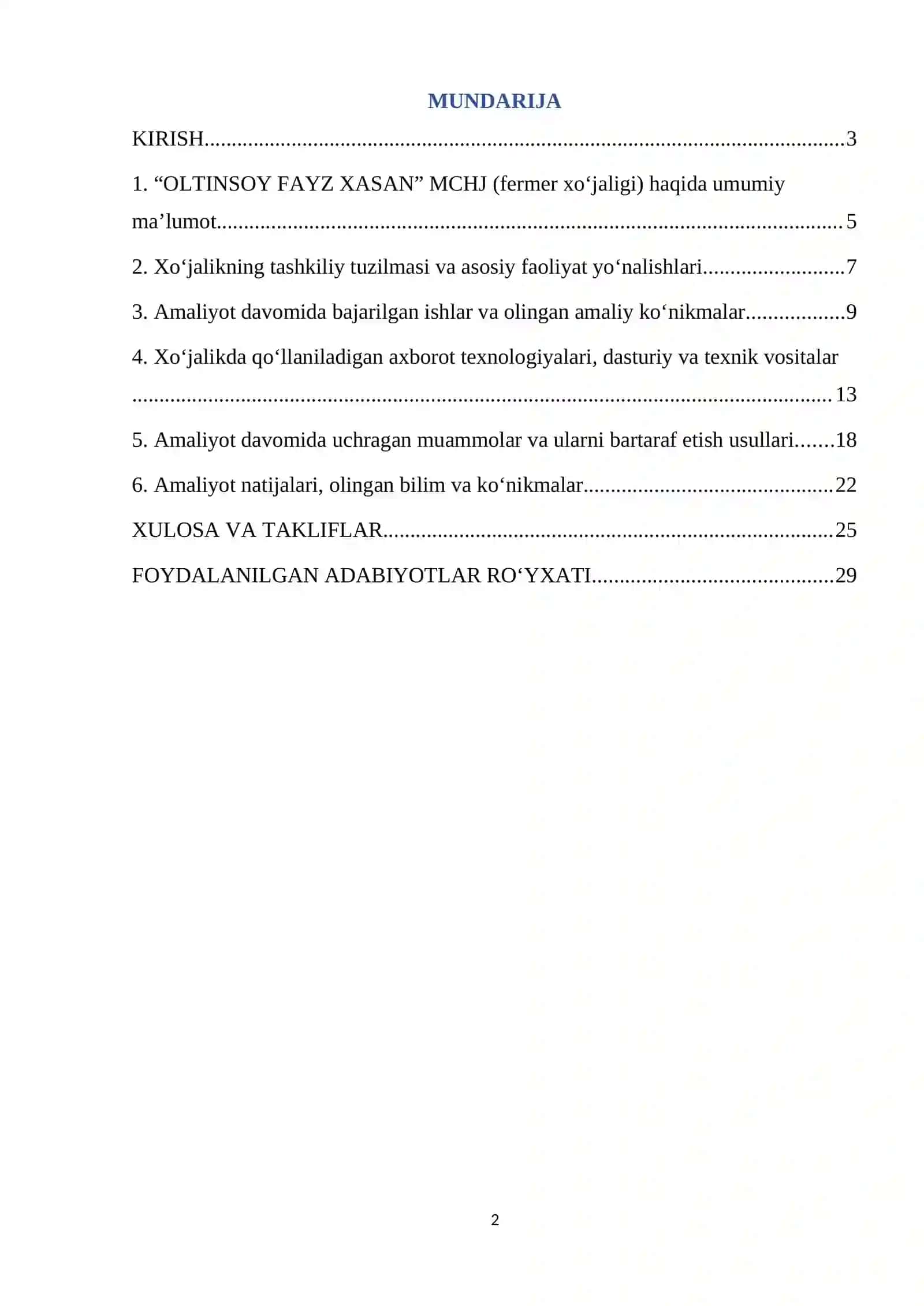“OLTINSOY FAYZ XASAN” MCHJ. Xo‘jalik asosan donli ekinlar – guruch va bug‘doy yetishtirish, qayta ishlash va sotish bilan shug‘ullanadi. 2