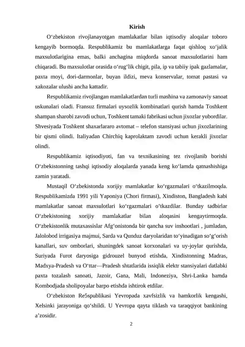 O'zbekiston tashqi savdo munosabatlari geografiyasining sifat jihatidan o’zgarib borishi 2