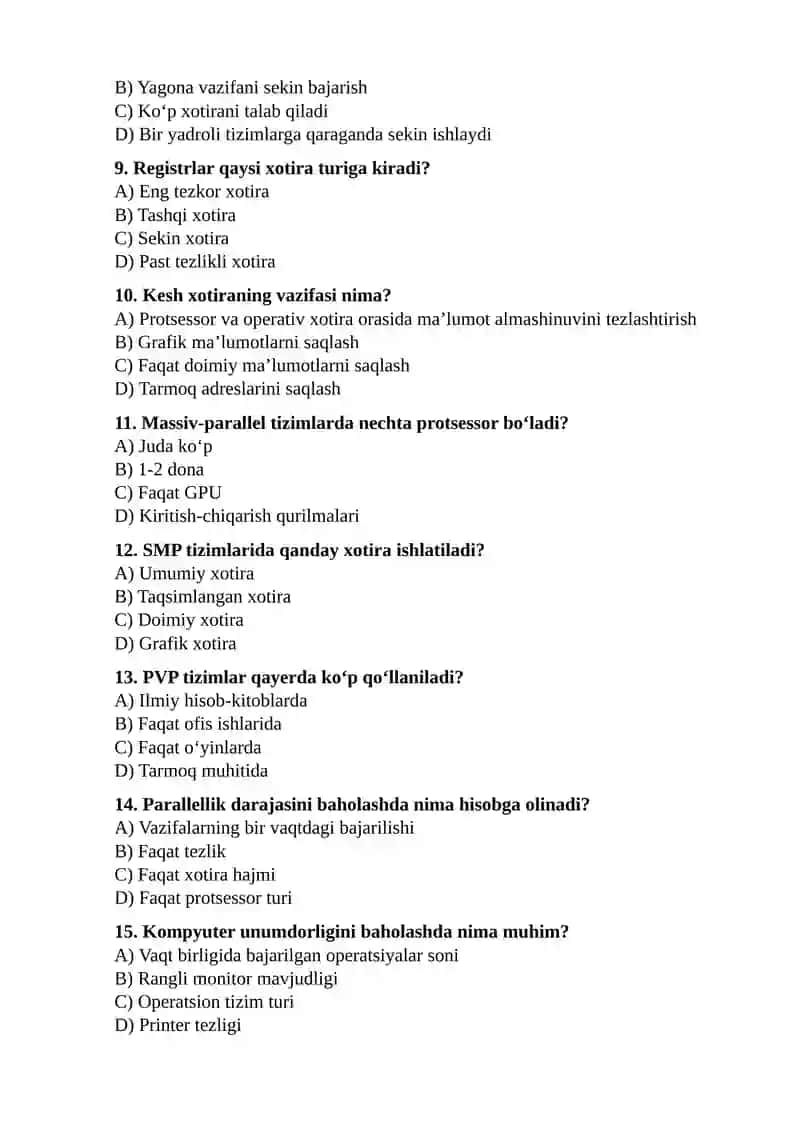 KOMPYUTER ARXITEKTURASI fanidan yakuniy nazorat test savollari 2