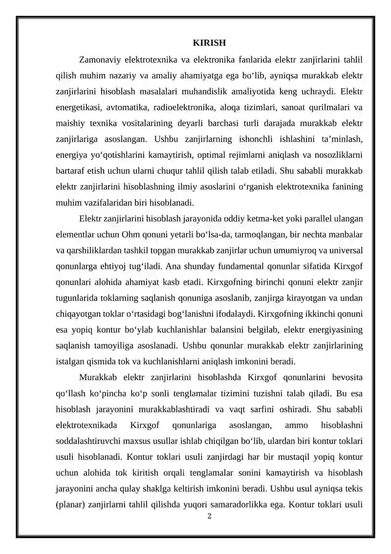 Murakkab elektr zanjirlarini hisoblashning Kirxgof qonunlarini qo'llash va kontur toklari usullari 2