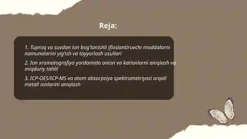 Tuproq va suvdagi ion bog'lanishli ifloslanuvchi moddalarni aniqlash, ularni miqdorlarini baholash va ekologik tozalash usulini taklif etish 2