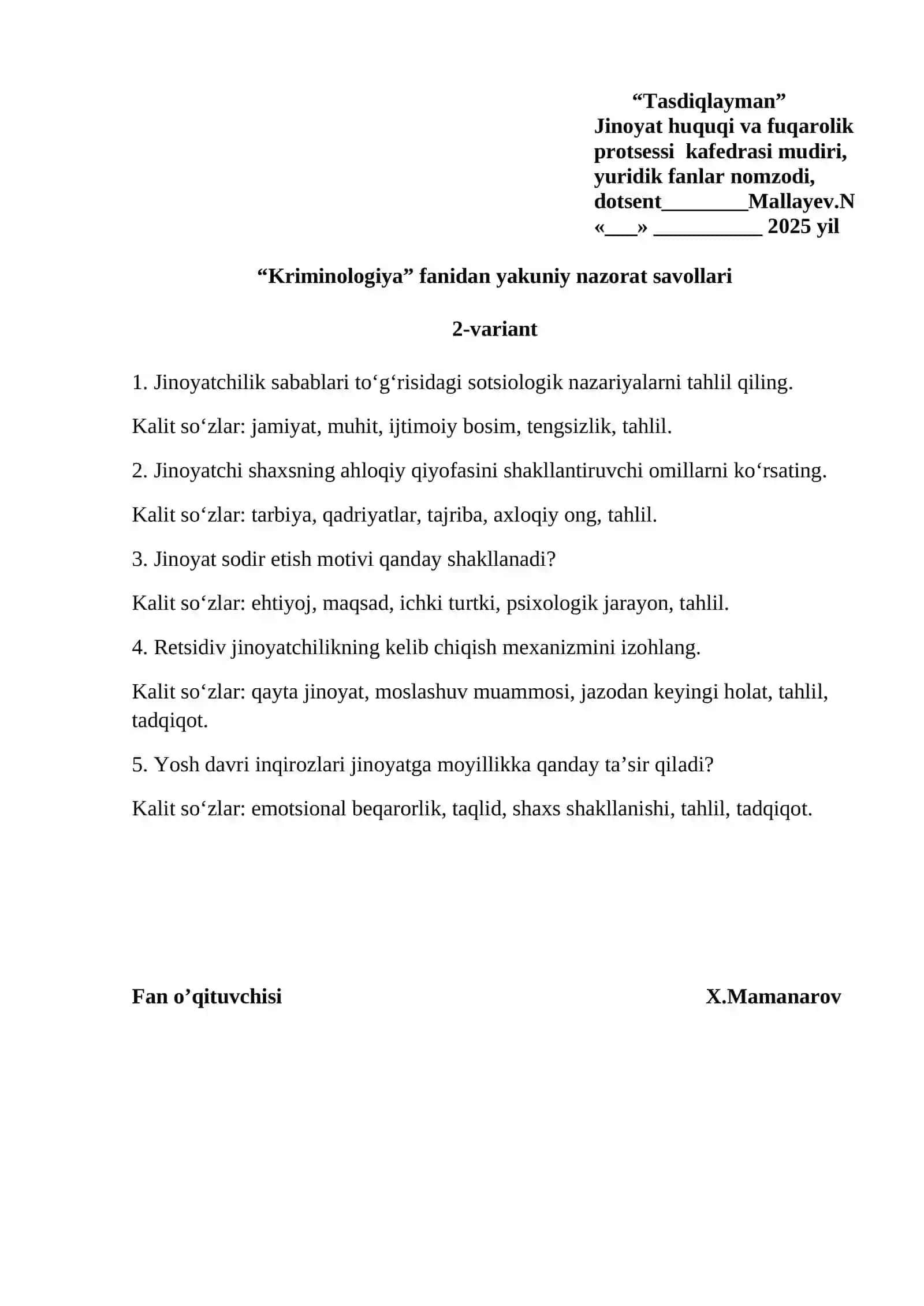 Kriminologiya fanidan yakuniy nazorat savollari 2