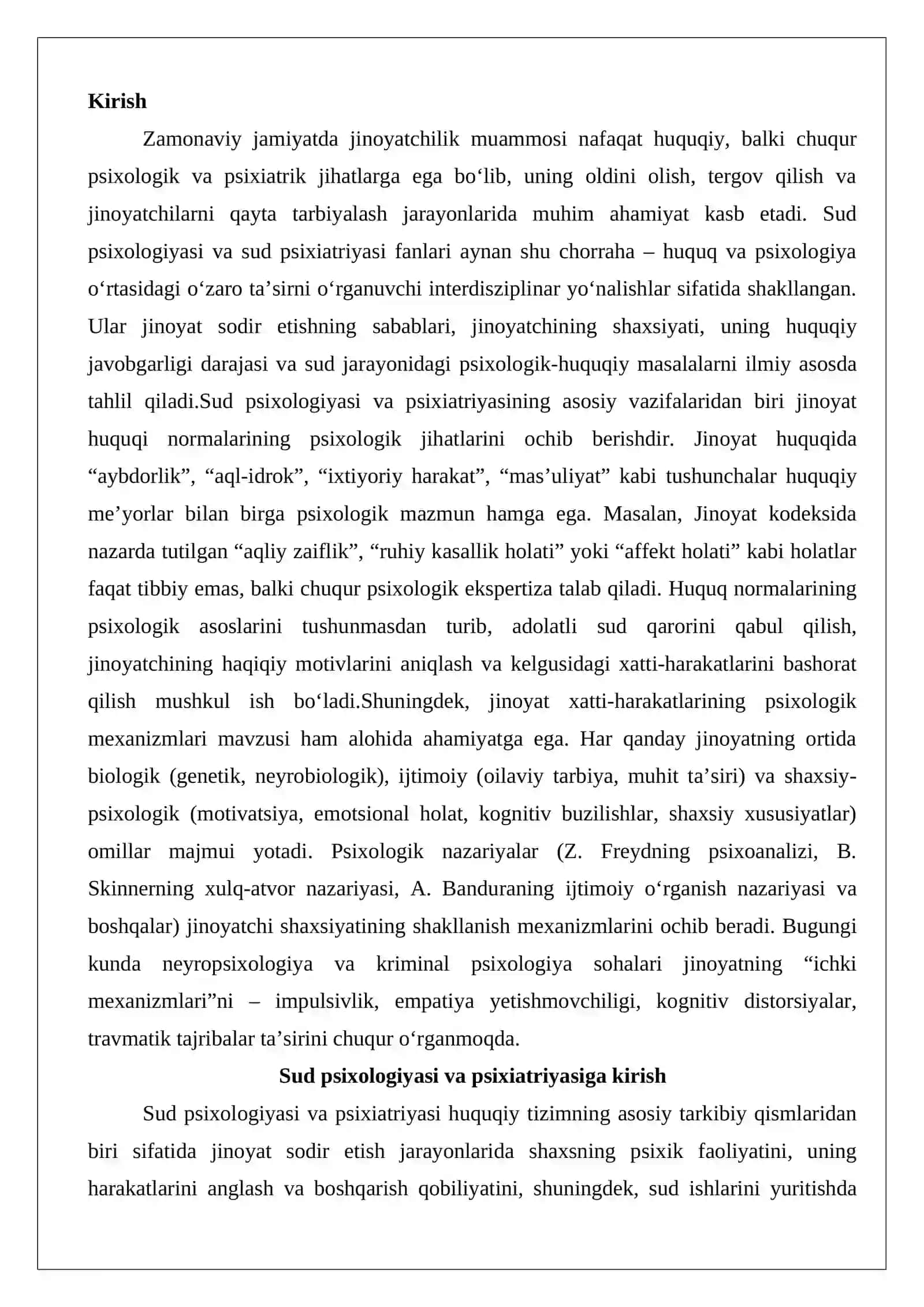 Sud psixologiyasi va psixiatriyasiga kirish. Jinoyat huquqi normalarining psixologik jih 2