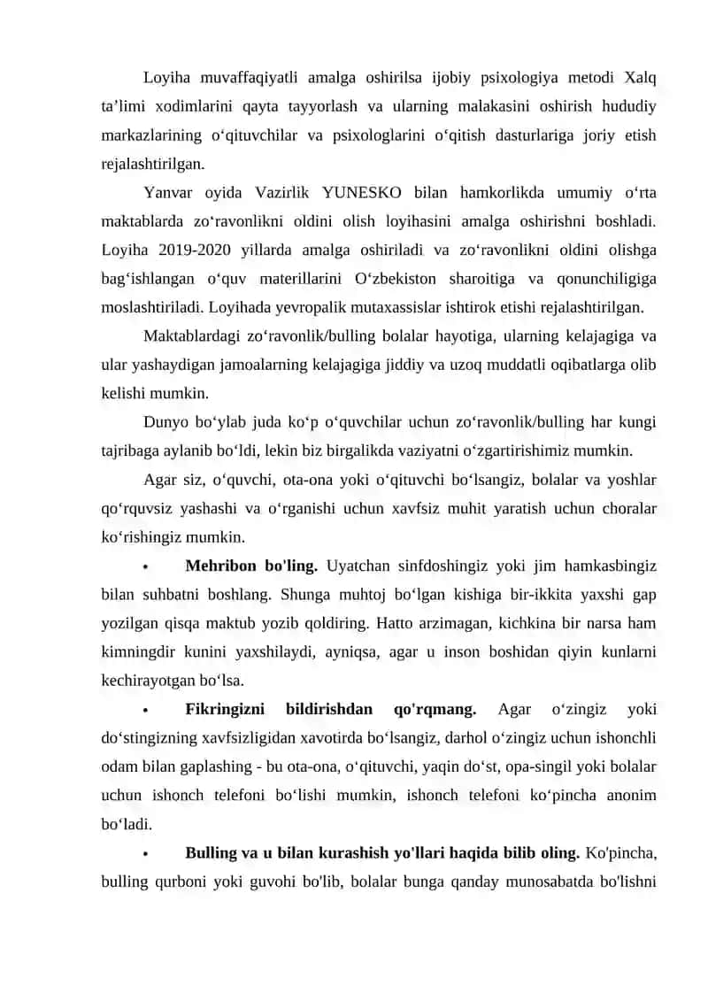 Maktablarda zo‘ravonlikni oldini olish va ijobiy psixologiyani o‘qitish metodikasi 2