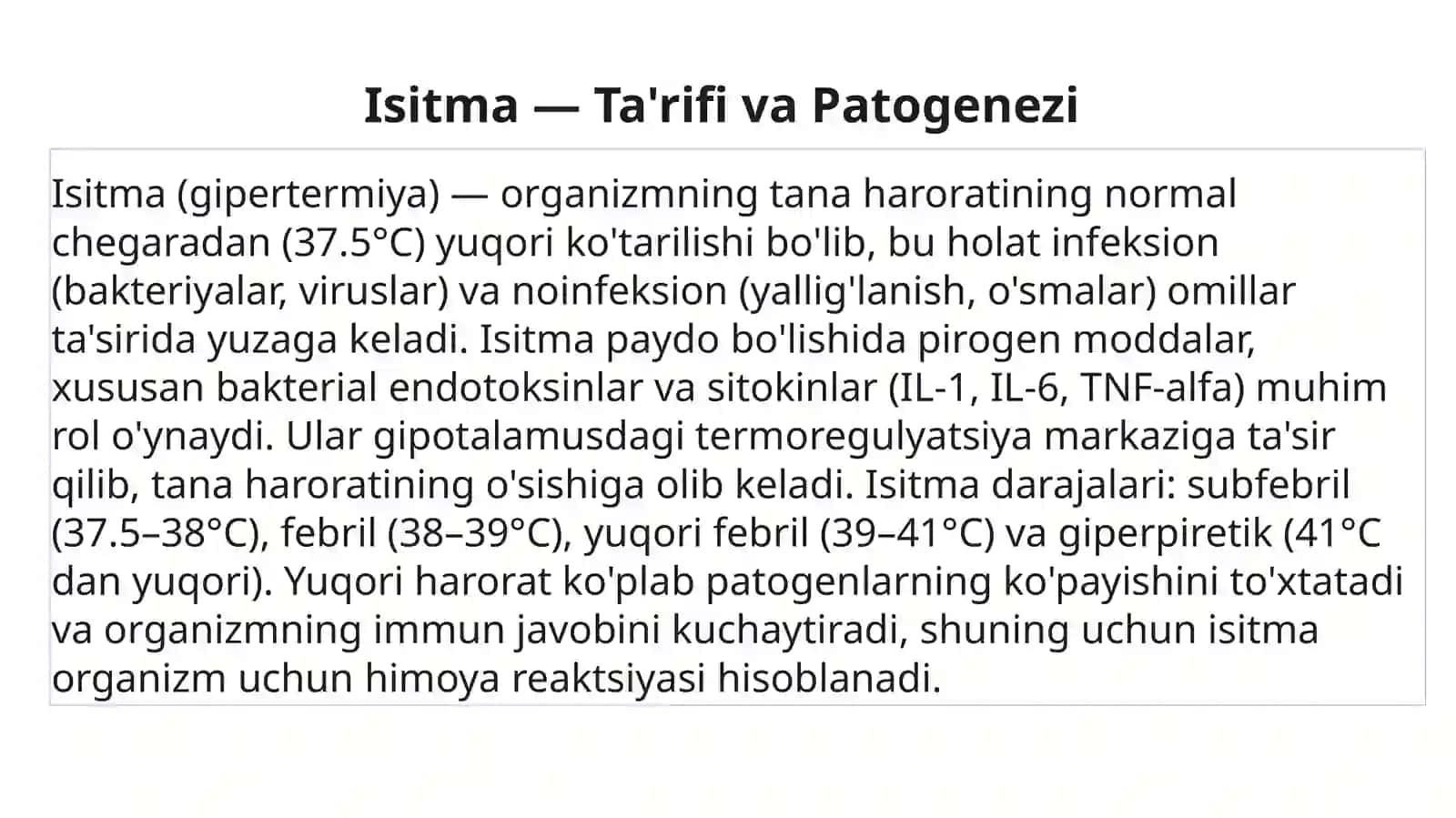 Infeksiya bilan bog‘liq bo‘lgan istmali kasalliklar (tuberkulez, septik xolatlar va h.k.) i infeksiya bilan bog‘liq bo‘lmagan istmali kasalliklar (revmatizm, onkologik kasalliklar, gematologik kasalliklar va h.k.) 2